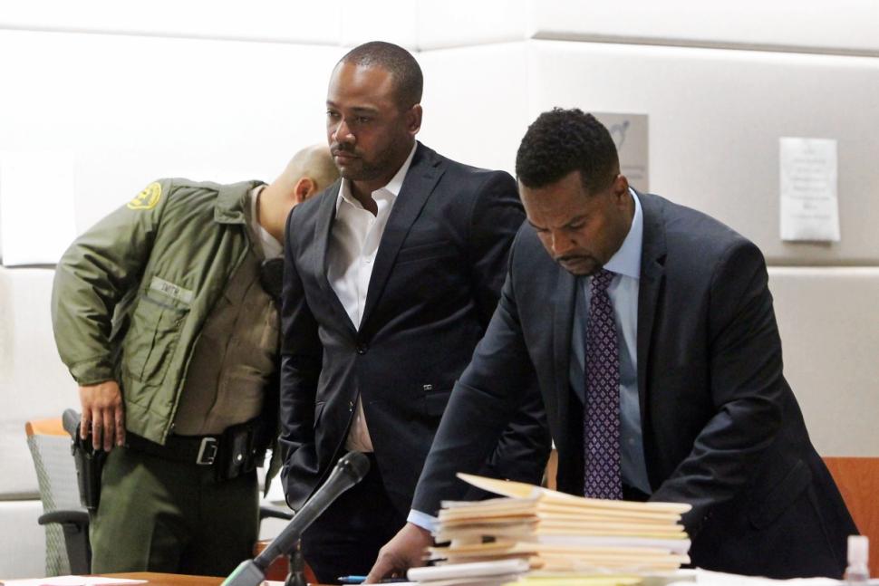 Columbus Short (L) appears with his lawyer Jeff Jacquet at Los Angeles Superior Court on May 15 in Los Angeles, Calif.