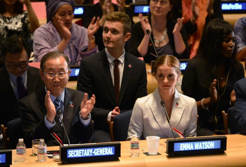 UN Women Goodwill Ambassador Watson (right) and United Nations Secretary General Ban Ki-moon seated together.