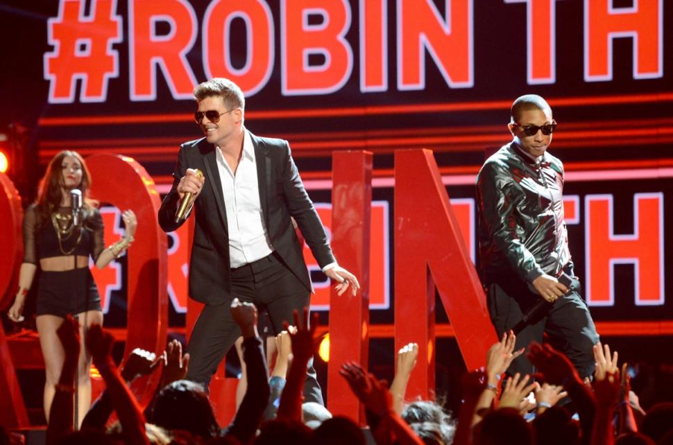 Singers Robin Thicke and Pharrell Williams perform 'Blurred Lines' at the BET Awards June 30, 2013, in Los Angeles.