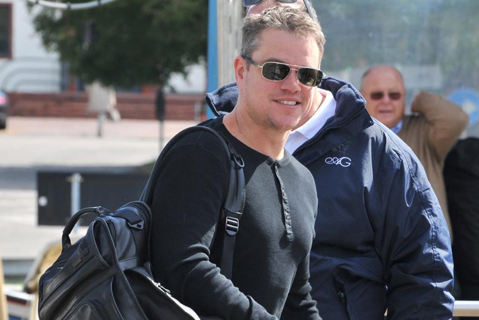 Matt Damon arrives at Venice Lido, Italy, Friday, Sept. 26, 2014. Actor director George Clooney revealed earlier this month at a star-studded benefit in Florence that he would marry human rights lawyer Amal Alamuddin in the lagoon city, but refrained from giving the date. (AP Photo/Luigi Costantini)
