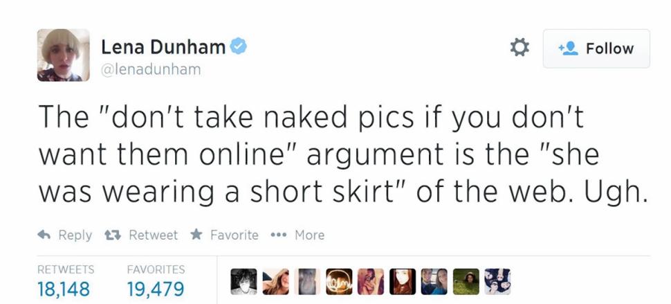 Lena Dunham tweets about the nude images of stars like Jennifer Lawrence, Kate Upton and Ariana Grande that were placed online after their iCloud accounts were hacked.