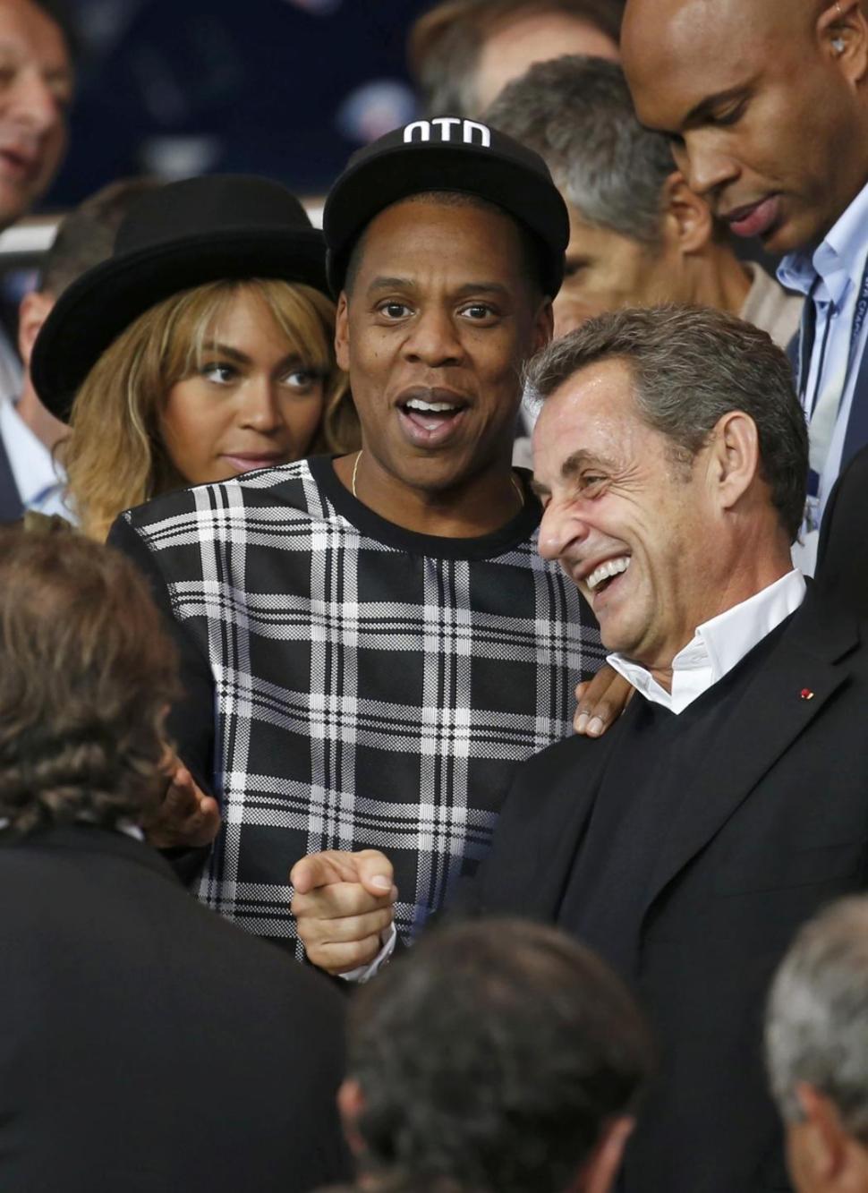 From left, Beyoncé, Jay Z and Nicolas Sarkozy team up for the Champions League soccer match.