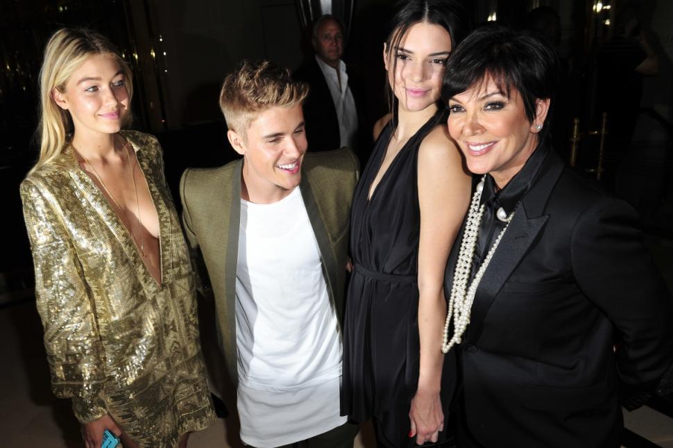 From left: model Gigi Hadid, Justin Bieber, Kendall Jenner and Kris Jenner at the Carine Roitfeld event in Paris