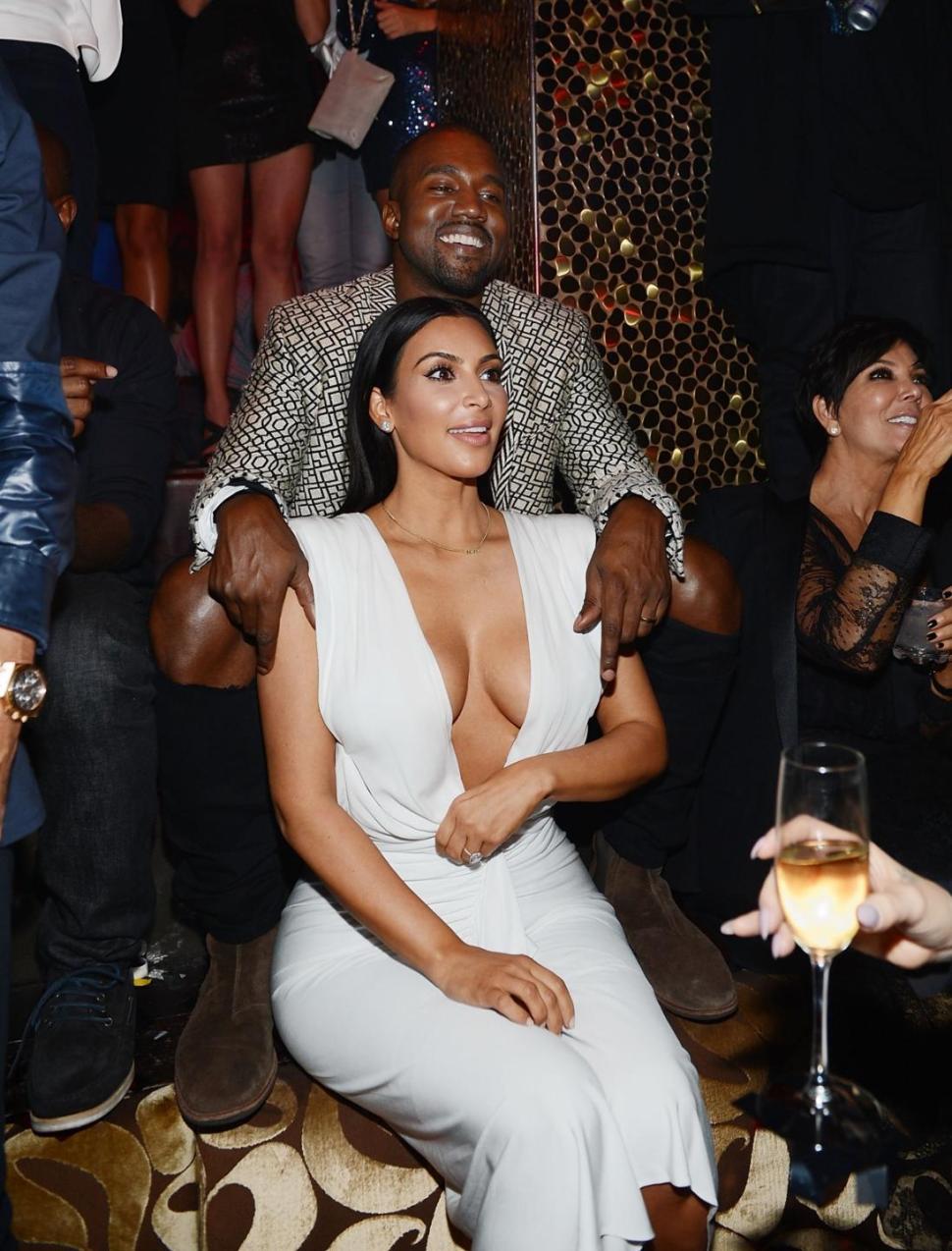 Kim Kardashian, takes the plunge with a daring neckline, with hubby Kanye West in Vegas Friday.
