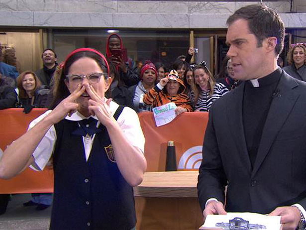Natalie Morales as Mary Katherine Gallagher and Peter Alexander as Priest
