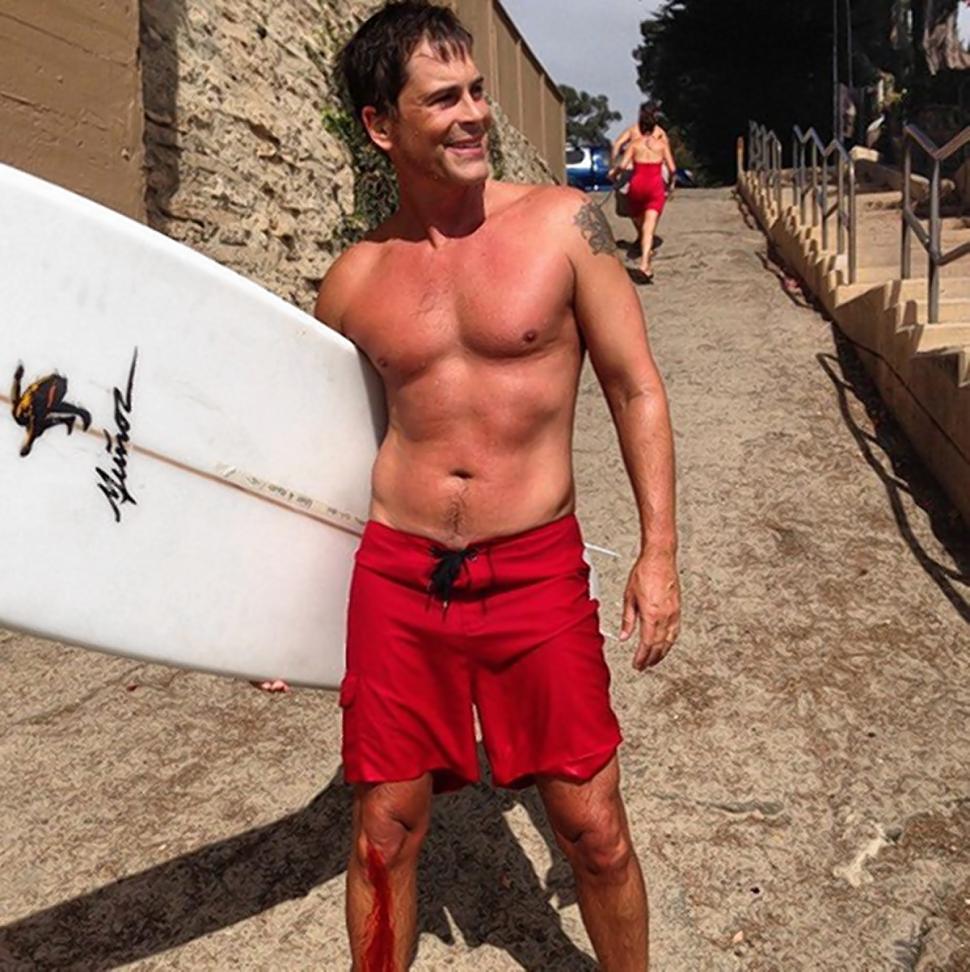 Rob Lowe needed stitches after injuring his knee while surfing on Sunday.