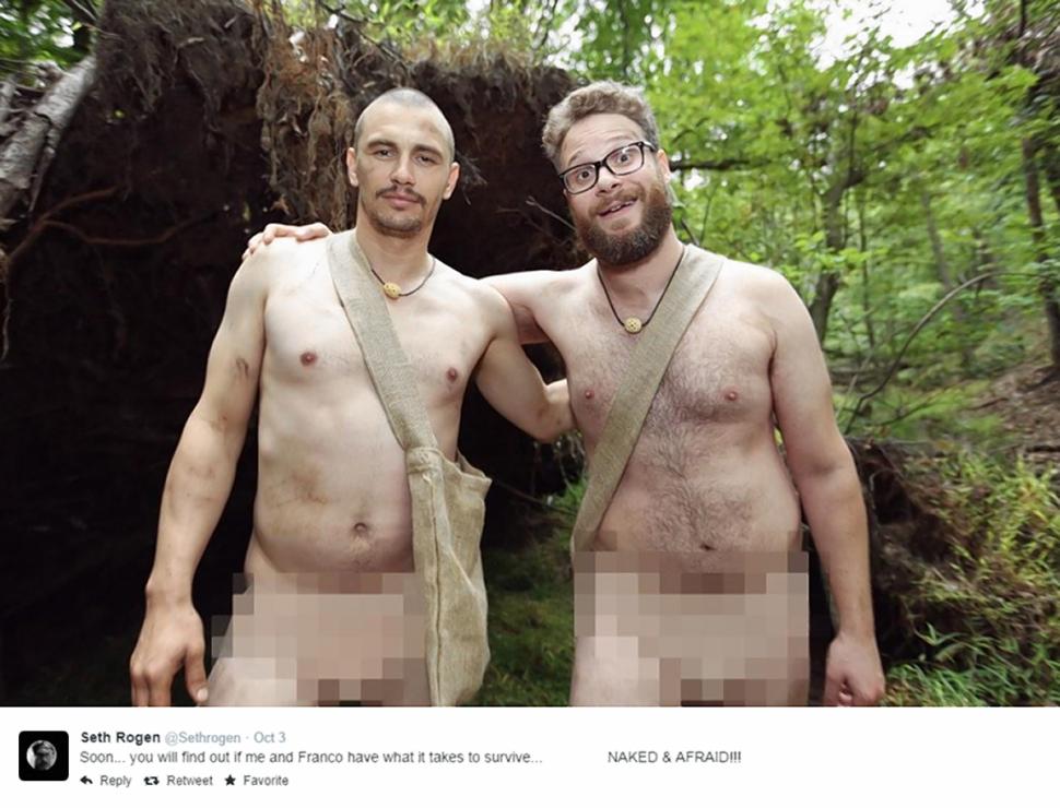 Franco (l.) and Rogen don only messenger bags on Instagram photo.