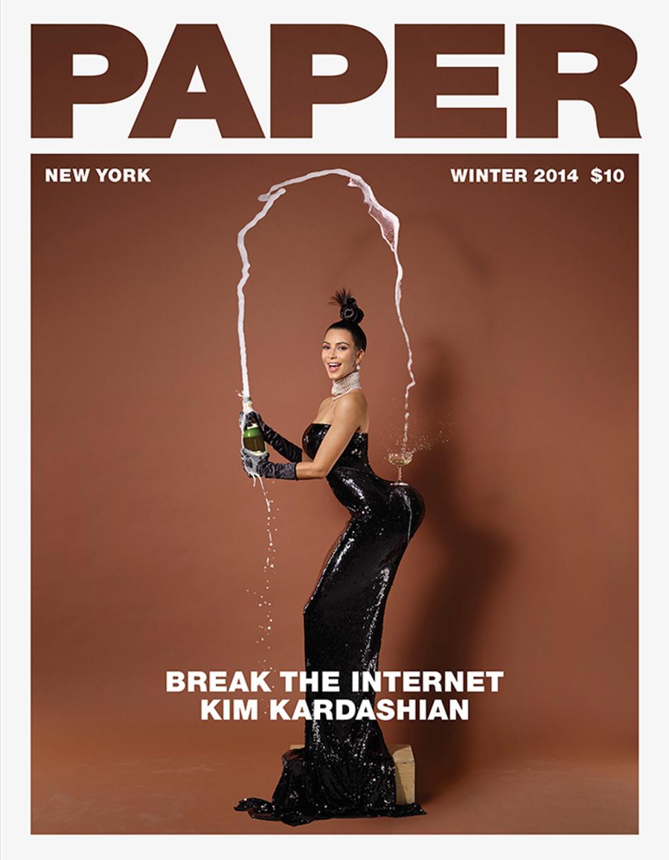 Kim Kardashian balanced a champagne glass on her behind for Paper magazine in a picture by Jean-Paul Goude.