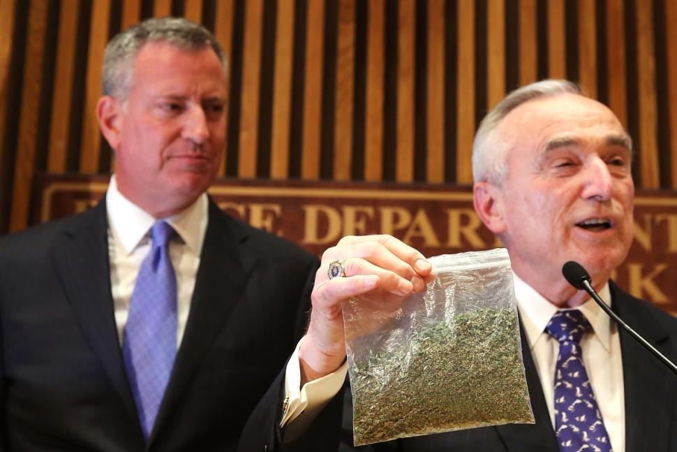 Mayor de Blasio and top cop Bill Bratton roll out mellower policy toward pot.