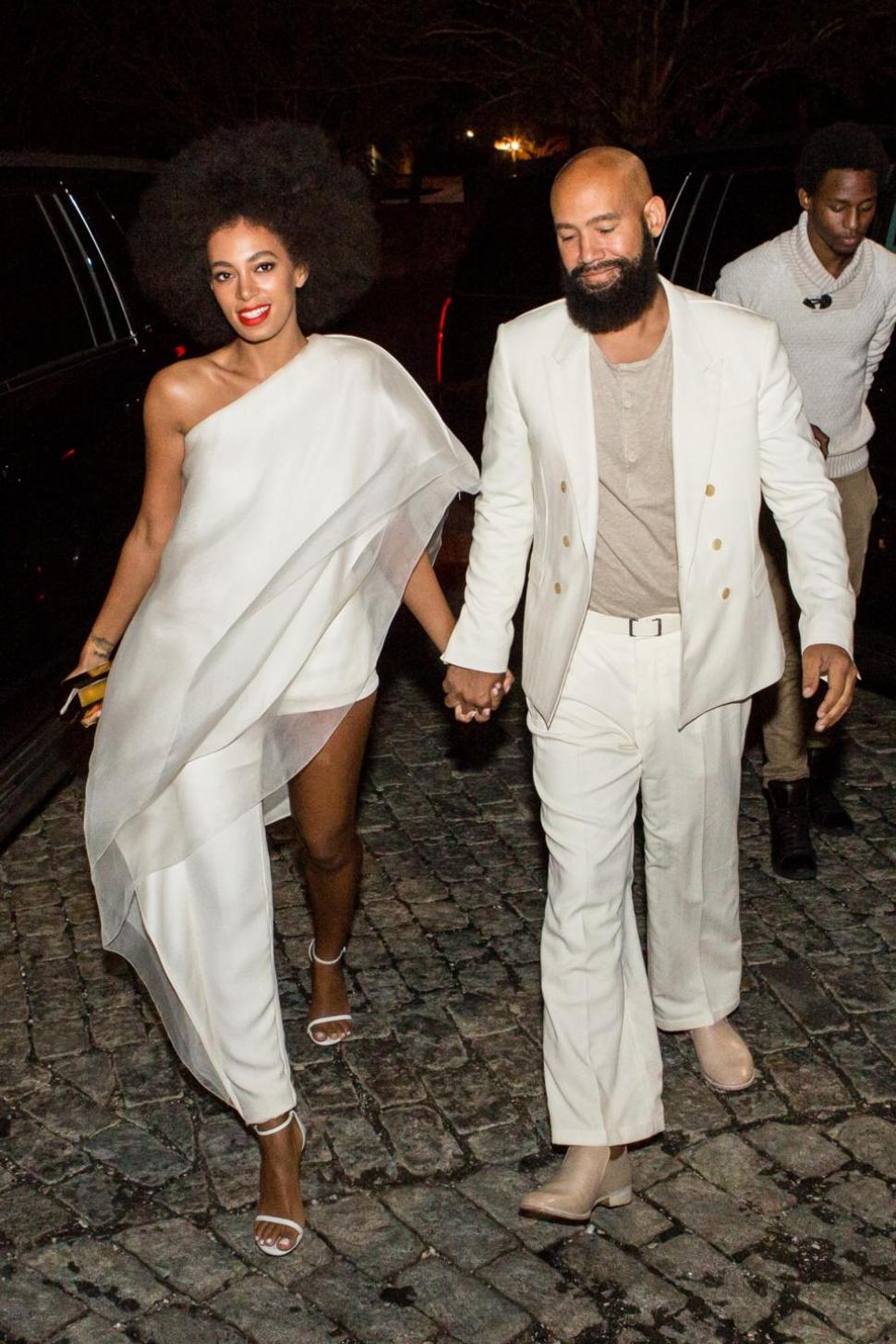 Musician Solange Knowles and her fiance, music video director Alan Ferguson arrive for their rehearsal dinner in New Orleans Saturday night.