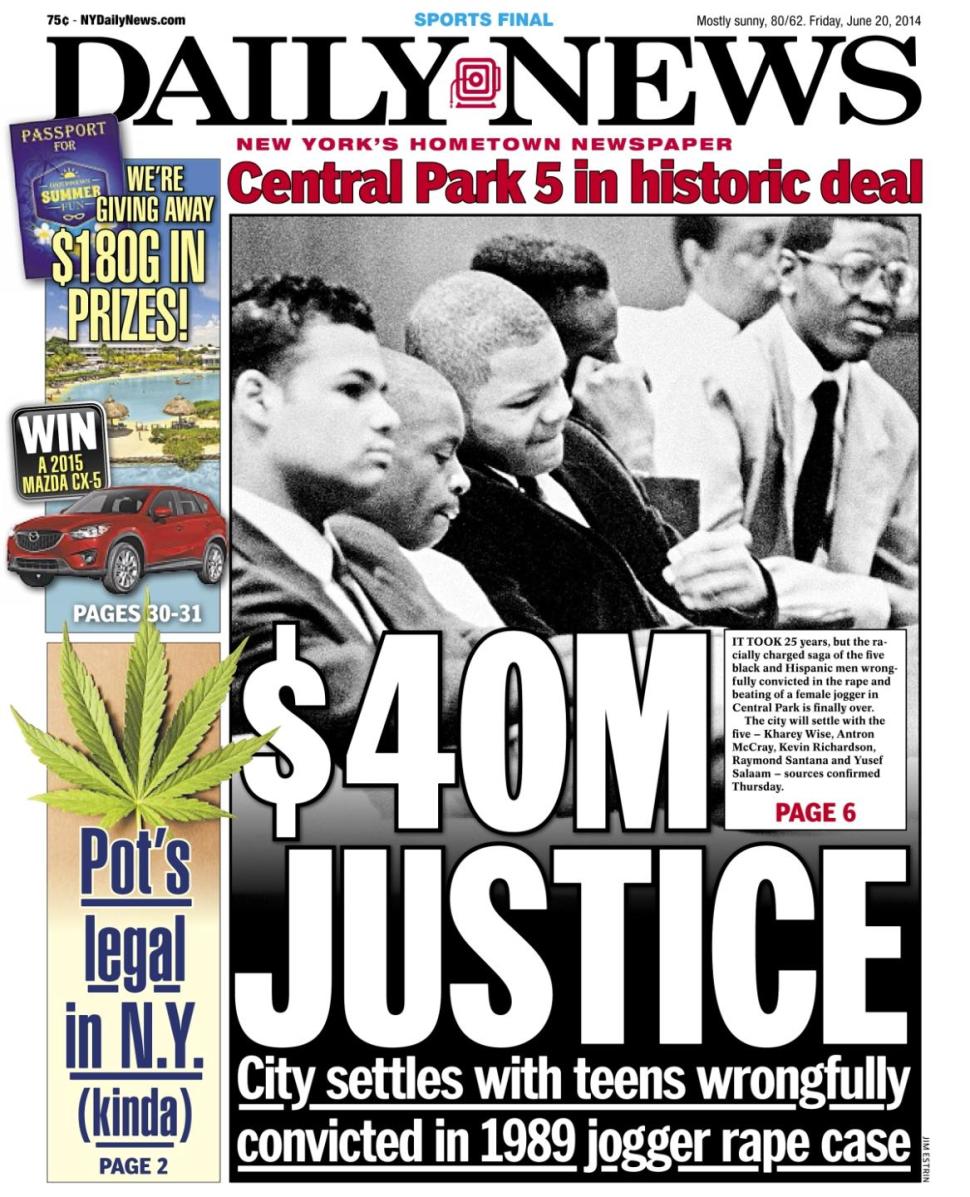 News front page after historic deal in Central Park Five case.