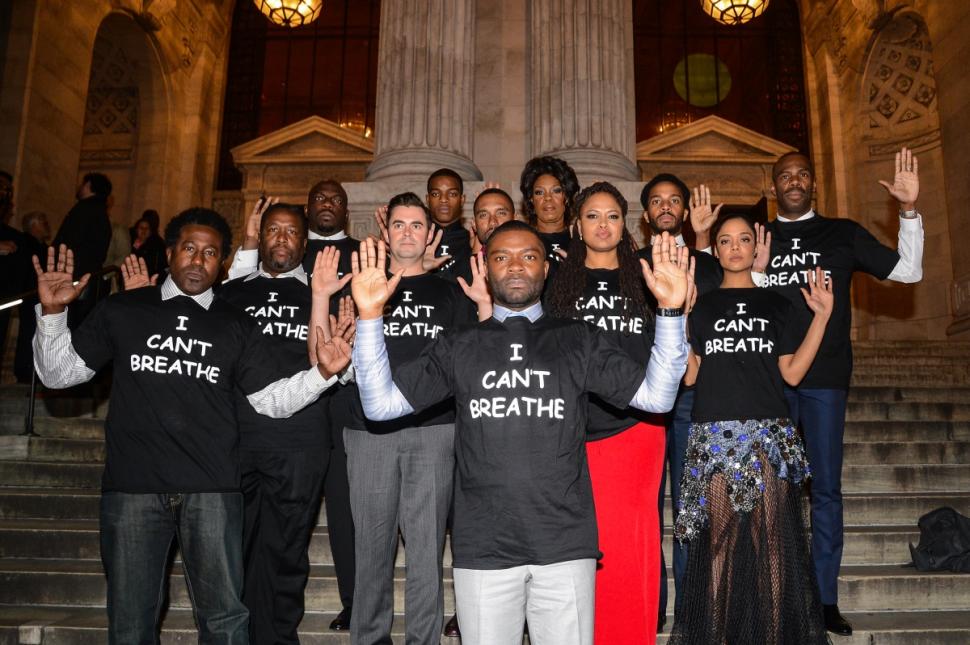‘Selma’ actors E. Roger Mitchell, Wendell Pierce, Omar Dorsey, John Lavelle, Stephan James, Kent Faulcon, David Oyelowo, Lorraine Toussaint, director Ava DuVernay, Tessa Thompson, Andre Holland, and Colman Domingo wear ‘I Can't Breathe’ T-shirts to protest the death of Eric Garner at the New York Public Library on Sunday.