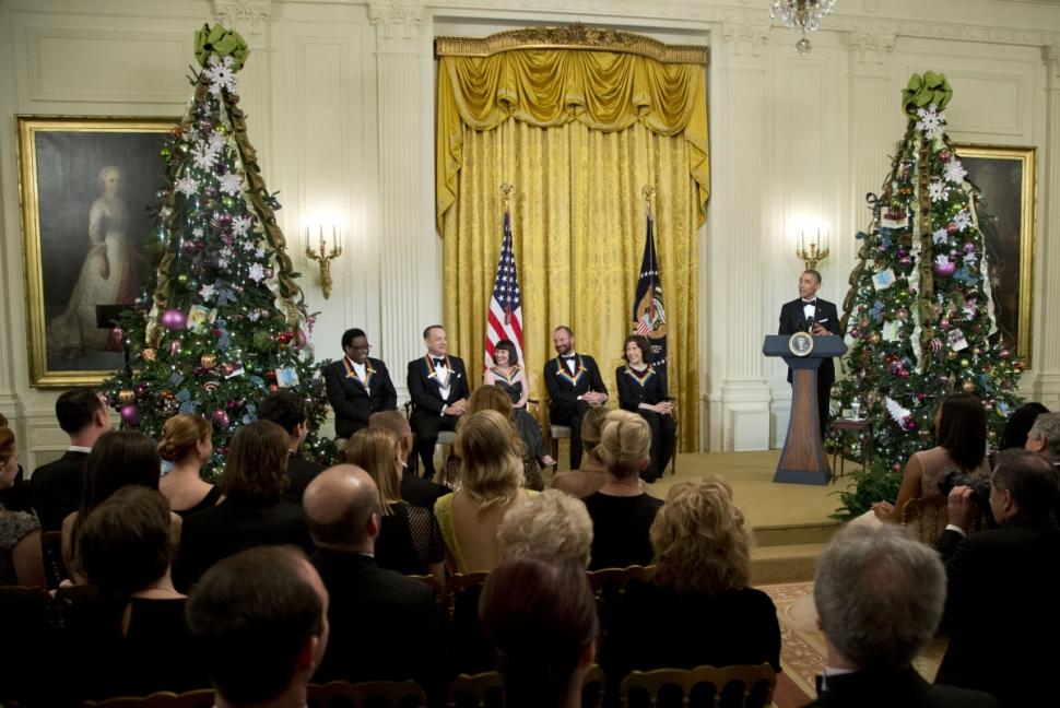 (L-R) Al Green, Tom Hanks, Patricia McBride, Sting and Lily Tomlin are introduced by President Obama at the White House on Sunday.