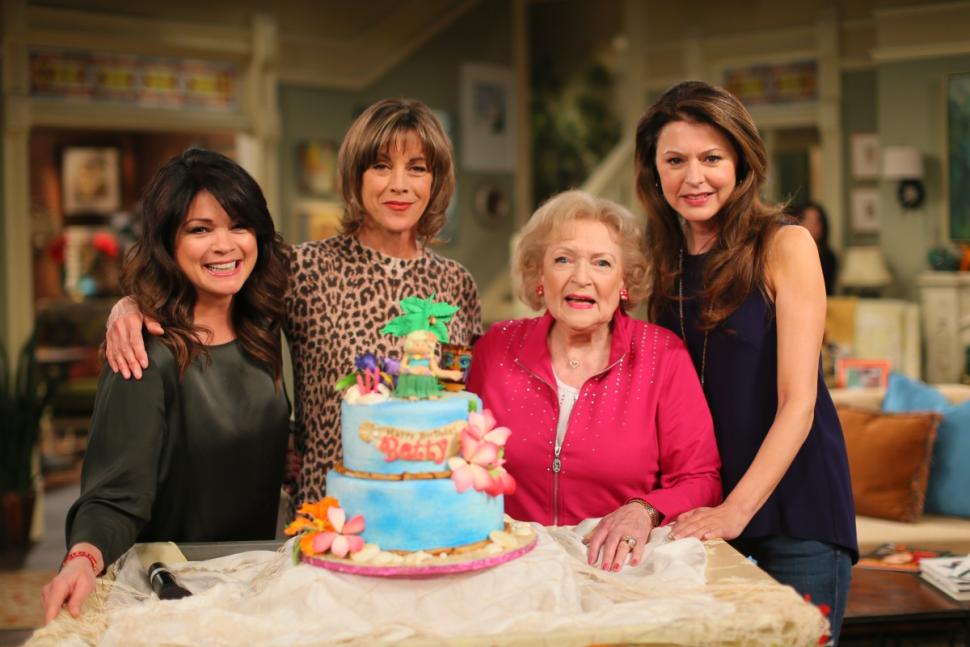 Actresses Valerie Bertinelli, Wendie Malick, Betty White and Jane Leeves pose with birthday girl Betty on her 93rd birthday Friday.