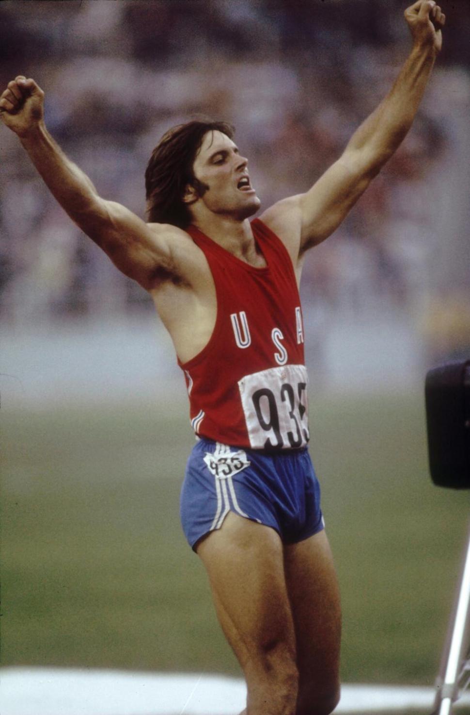 Bruce Jenner celebrates during his record setting performance in the decathlon in the 1976 Summer Olympics in Montreal, Canada.