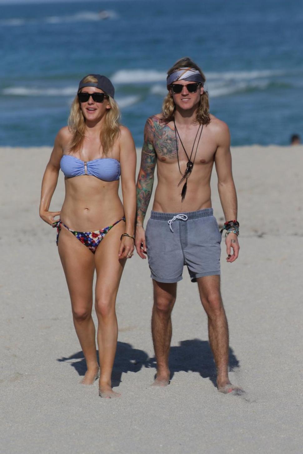 Ellie Goulding heads to the shore with boyfriend Dougie Poynter in Miami Beach.