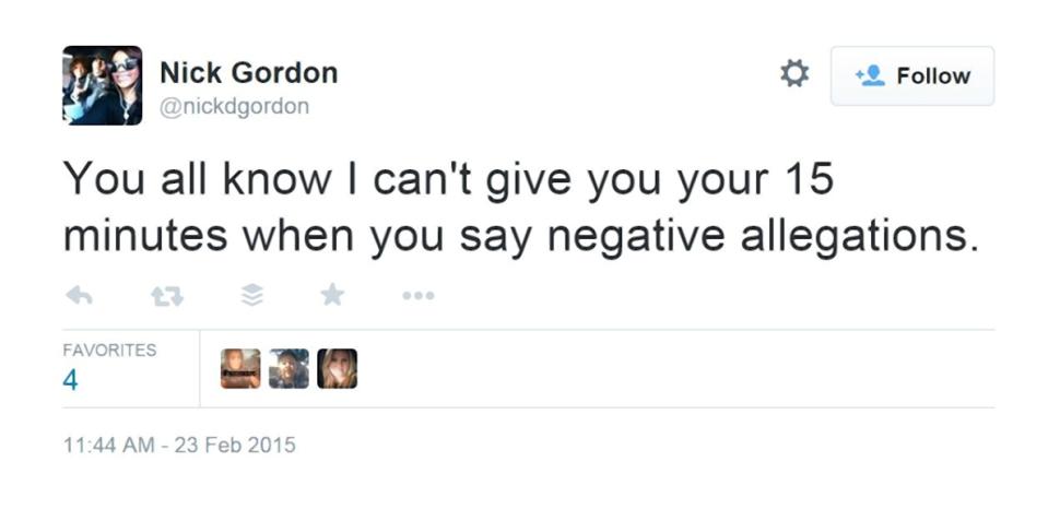 Nick Gordon responds on Twitter about the situation with Bobbi Kristina Brown on Monday.