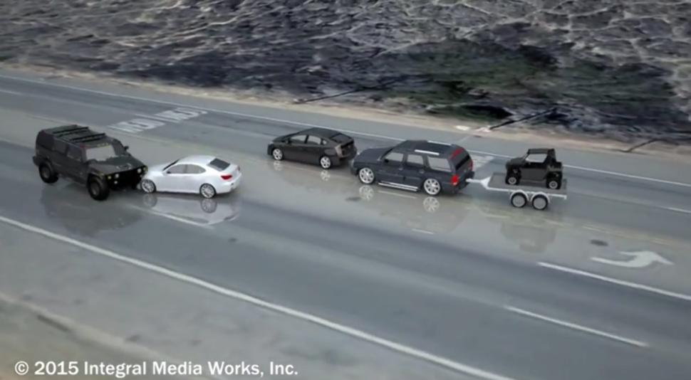 A screen grab of the animated video reconstruction of the Bruce Jenner crash, which was based on on’ photographic evidence’ of the accident.