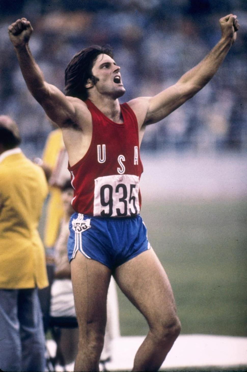 Bruce Jenner of the USA celebrating during his record setting performance in the decathlon in the 1976 Summer Olympics in Montreal, Canada.