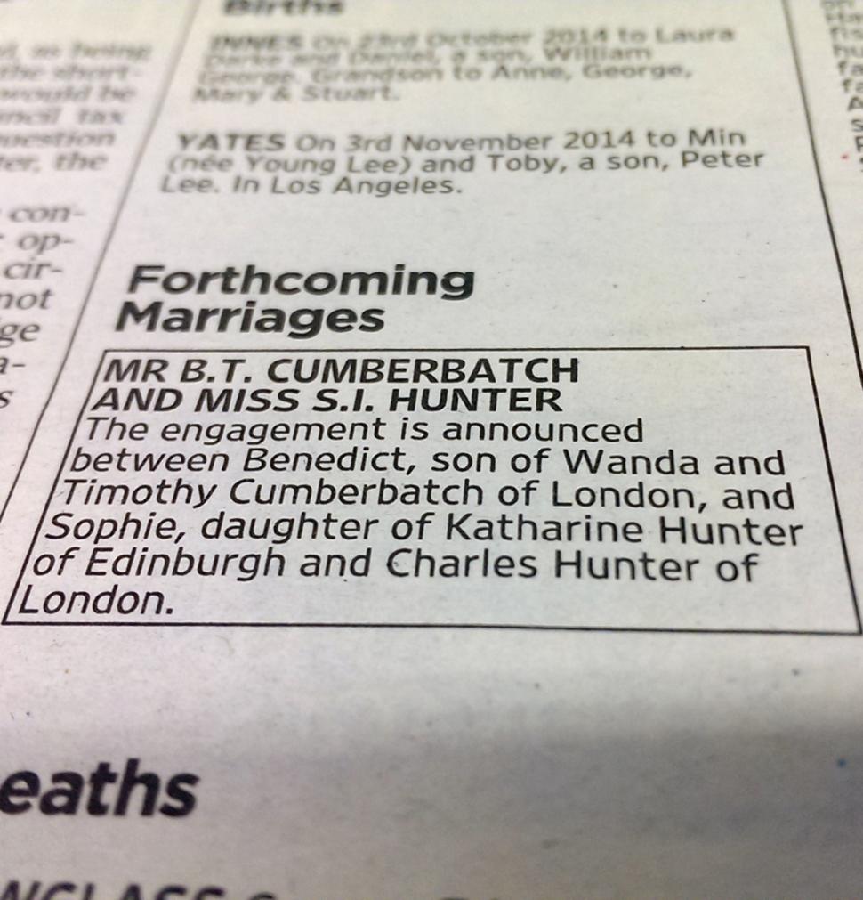 The Times newspaper, which features an announcement that screen star Benedict Cumberbatch has become engaged to the theatre director Sophie Hunter, Nov. 5, 2014.