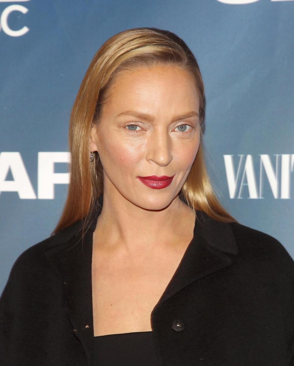Uma Thurman debuted dramatic new look at  'The Slap'  premiere party at The New Museum on Feb. 9 in New York City.