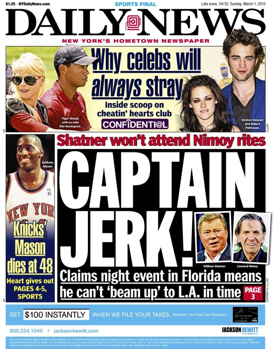 The New York Daily News' front page was tweeted by William Shatner.