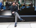 Jon Hamm tries out the bench inspired by his acclaimed series, ‘Mad Men,’ that will be on display for fans at 1271 Avenue of the Americas.