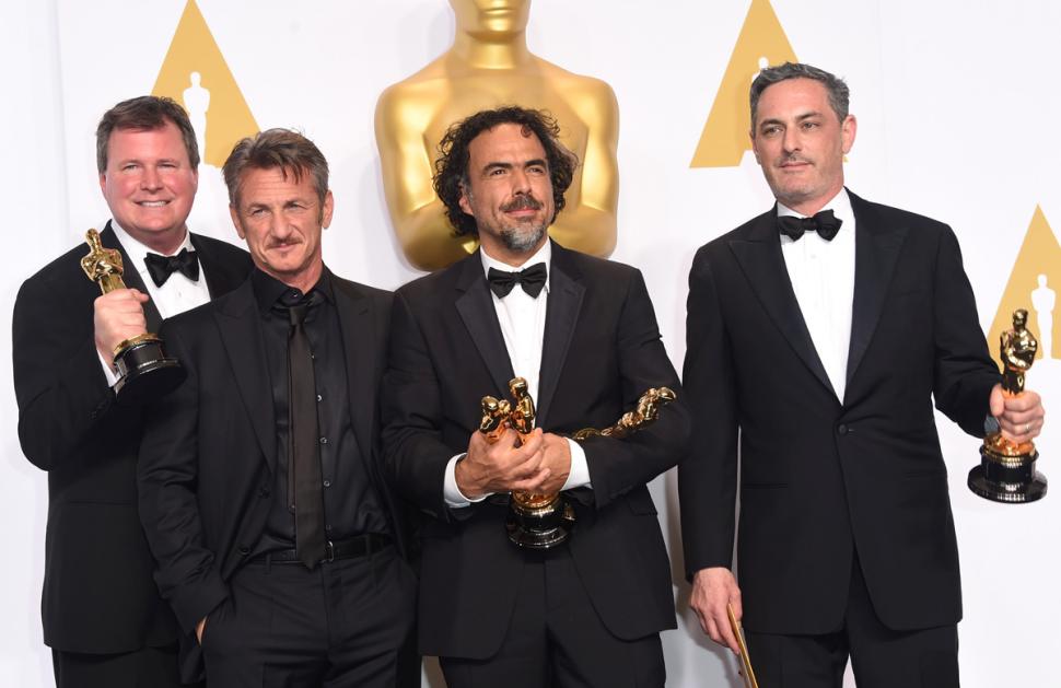 (L-R) Producer James W. Skotchdopole, actor Sean Penn, producer/director Alejandro G. Inarritu, winner of Best Original Screenplay, Best Director, and Best Motion Picture, for 'Birdman' and producer John Lesher pose in the press room during the 87th Annual Academy Awards at Loews Hollywood Hotel on February 22 in Hollywood, Calif.
