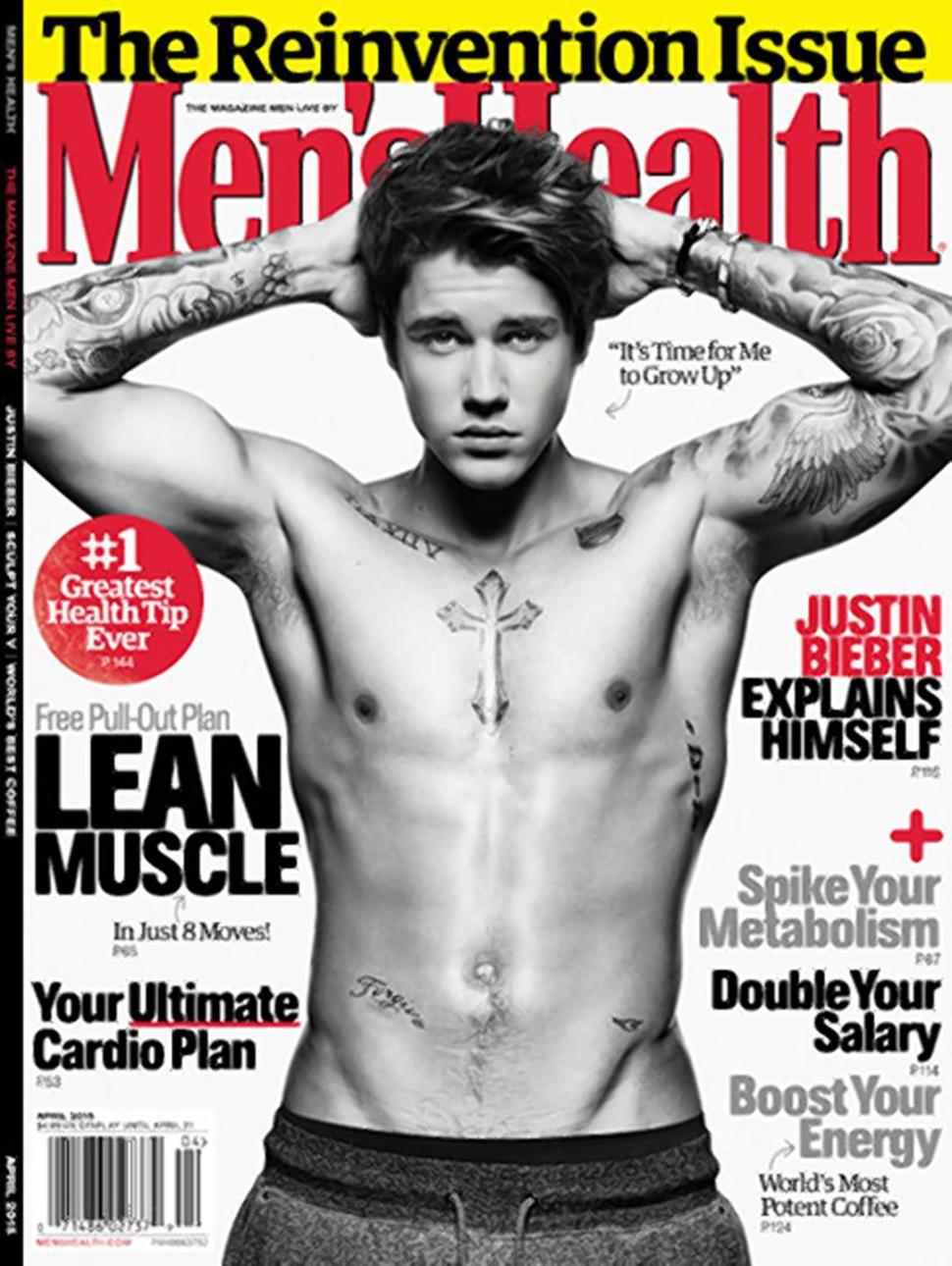 Justin Bieber appears on the April 2015 cover of Men's Health.