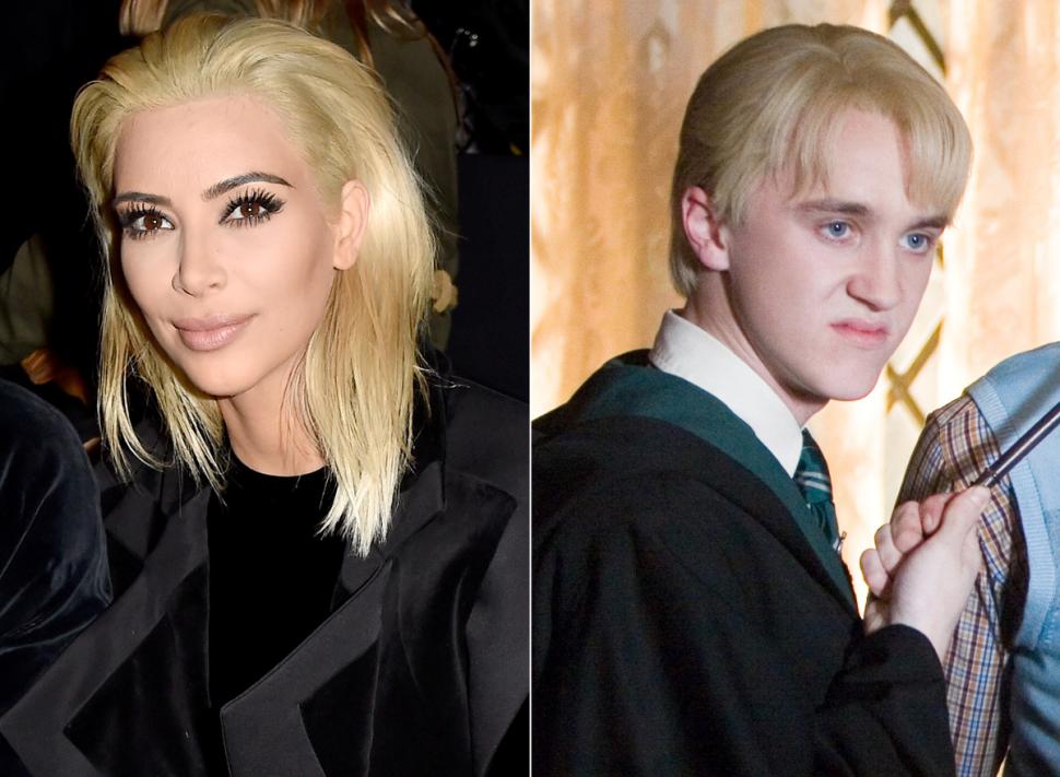 Kim Kardashian’s new blond locks have earned her comparions to ‘Harry Potter’ character Draco Malfoy (Tom Felton, right).