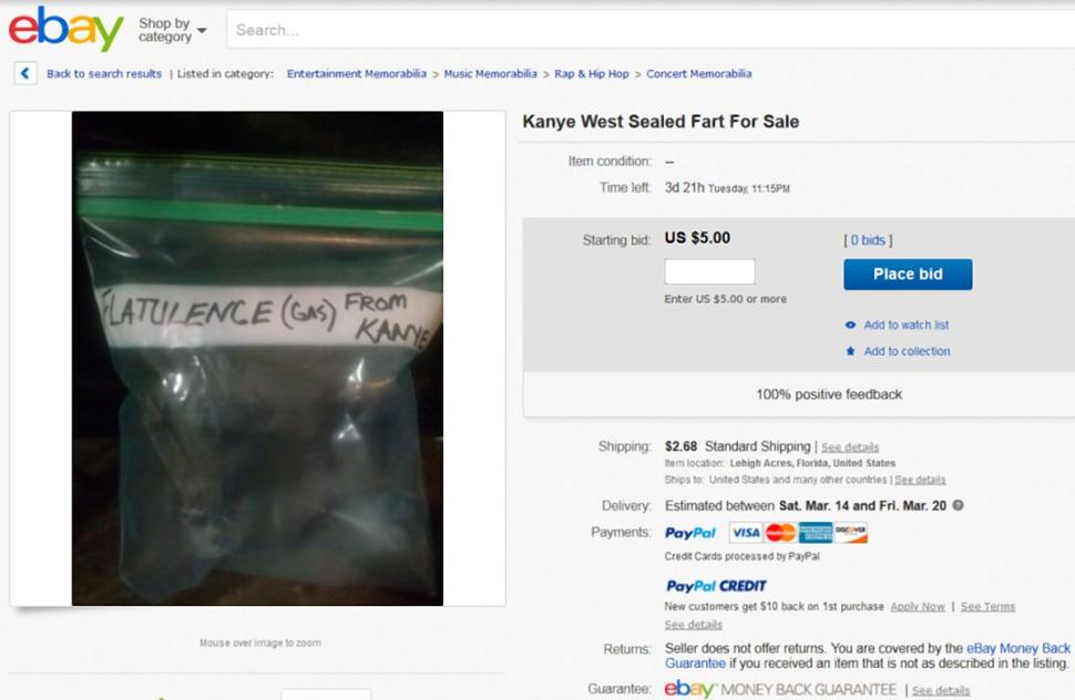 An eBay listing with "gas from Kanye" is also up for grabs.