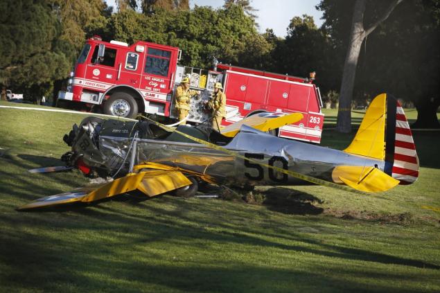 The airplane Harrison Ford was in sits on the ground after crash landing at Penmar Golf Course in Venice, Los Angeles California March 5.