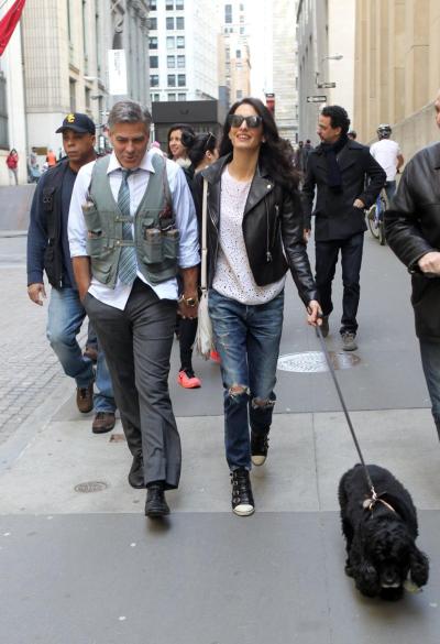 George Clooney's wife Amal Alamuddin visits George on set of "Money Monster" on Sunday in New York City. 
