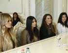 Kim Kardashian, second left, and Khloe Kardashian, left, meet with Armenian Prime Minister Hovik Abrahamyan in Yerevan, Armenia, on Thursday.