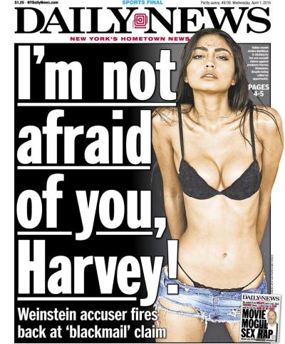 Daily News front page about Ambra Battilana refuting claims of blackmail against Harvey Weinstein. 