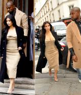 Kim Kardashian and Kanye West matching in camel in Paris.