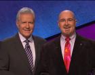 Jeopardy host Alex Trebek and contestant Tom Imler.