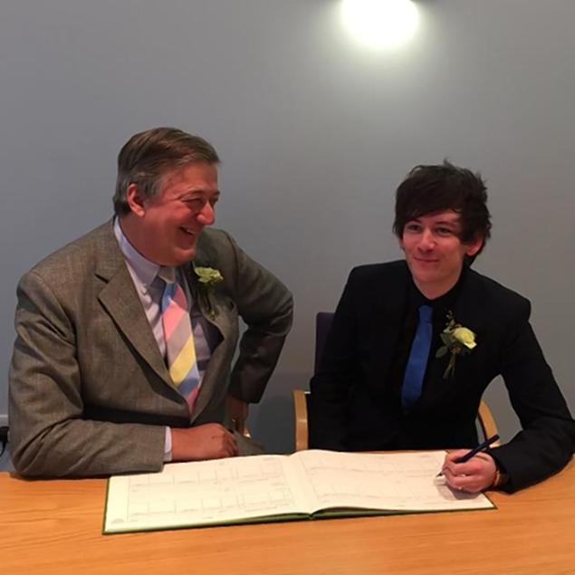 Stephen Fry, 57, and Elliot Spencer, 27, on their wedding day on January 17, 2015.