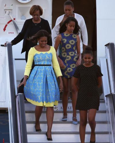 Michelle Obama and daughters Malia and Sasha, along with the First Lady’s mother, Marian Robinson, arrive in London.