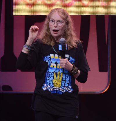 Actress Mia Farrow speaks during 'We Day California' at SAP Center on February 25.