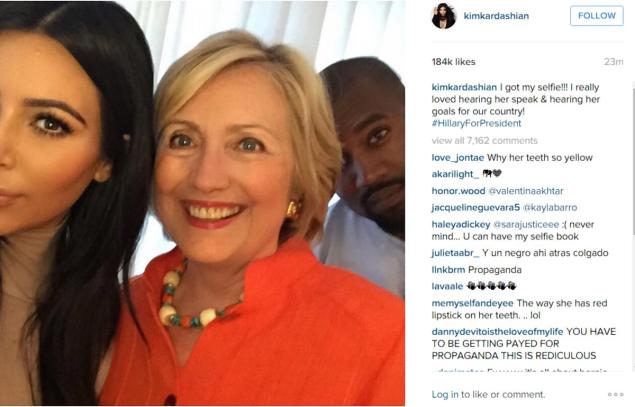 While the GOP boys argued amongst themselves at the debate on Thursday, Hillary was busy taking selfies with Kim herself, while getting photobombed by Kanye.