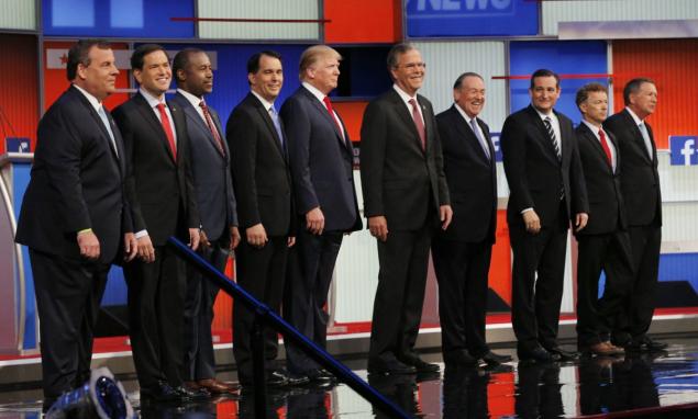 Republican 2016 presidential candidates (L-R) Chris Christie, Marco Rubio, Dr. Ben Carson, Scott Walker, Donald Trump, Jeb Bush, Mike Huckabee, Ted Cruz, Rand Paul and John Kasich. Most of whom have some anti-women beliefs, but none are taking as much flak as Trump.