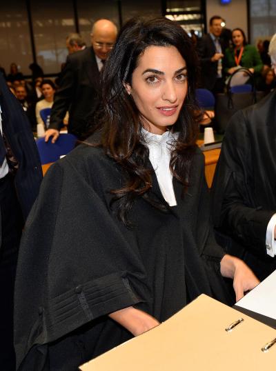 Lawyer representing Armenia, Amal Clooney, is seen on January 28, 2015 before the start of the appeal hearing in Perincek case at the European Court of Human Rights in the eastern French city of the Strasbourg.