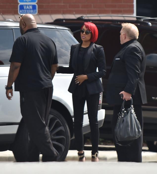 Singer Monica Brown arrives at Bobbi Kristina Brown’s funeral service.