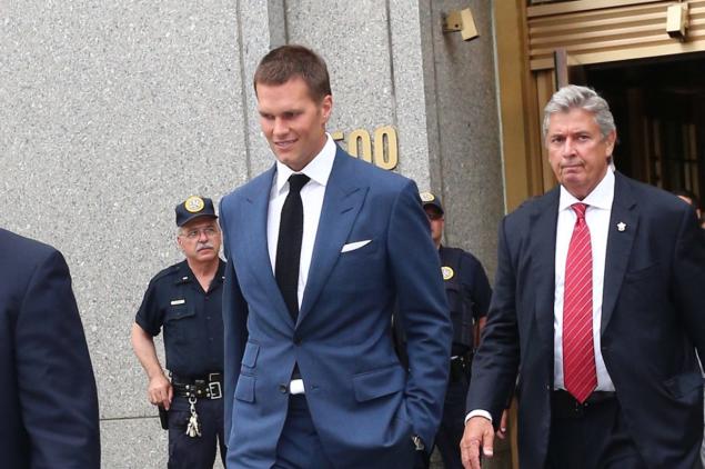 Brady leaves Federal Court on  Monday after a hearing in his dispute over NFL Commisioner Roger Goodell's decision to suspend him four games for his alleged involvement in Deflategate.